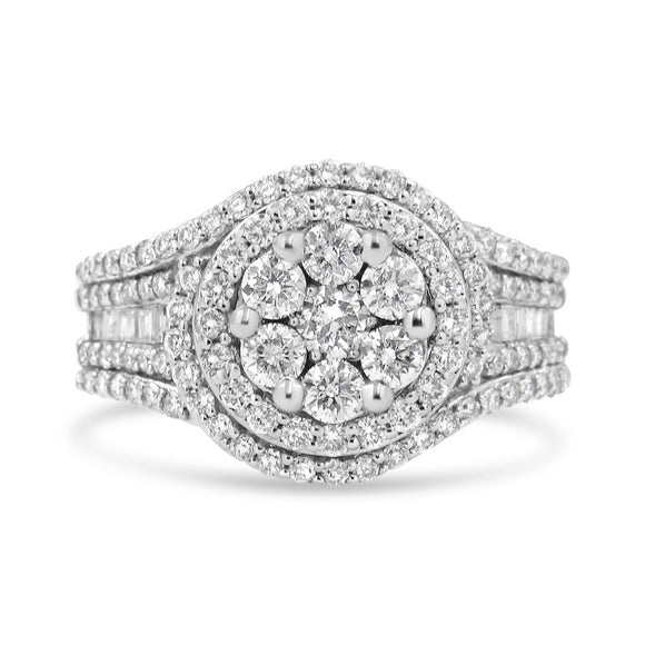 14K White Gold 1 1/2 Cttw Diamond Floral Cluster and Studded Shank Halo Ring (H-I Color, SI2-I1 Clarity) - Ring Size 7