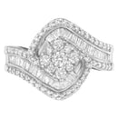 14K White Gold 1 Cttw Baguette and Round Diamond Floral Swirl Cluster Cocktail Ring-6