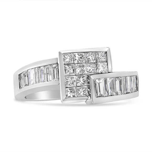 14K White Gold 1 1/2 Cttw Invisible-Set Princess and Channel-Set Baguette Diamond Geometric Bypass Ring Band (G-H Color, SI2-I1 Clarity) - Ring Size 7