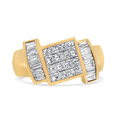 14K Yellow Gold 1 5/8 Cttw Invisible-Set Princess and Baguette Diamond Cocktail Band Ring