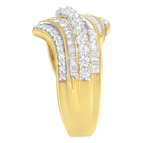 10K Yellow Gold 1.0 Cttw Baguette and Round Diamond Multi-Row Wave Bypass Ring (I-J Color, I1-I2 Clarity) - Ring Size 7