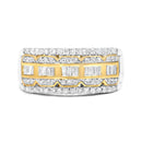 10K White and Yellow Gold 1.00 Cttw Baguette and Round cut Diamond Art Deco Multi-Row Ring Band (I-J Color, I1-I2 Clarity) - Ring Size 7-7