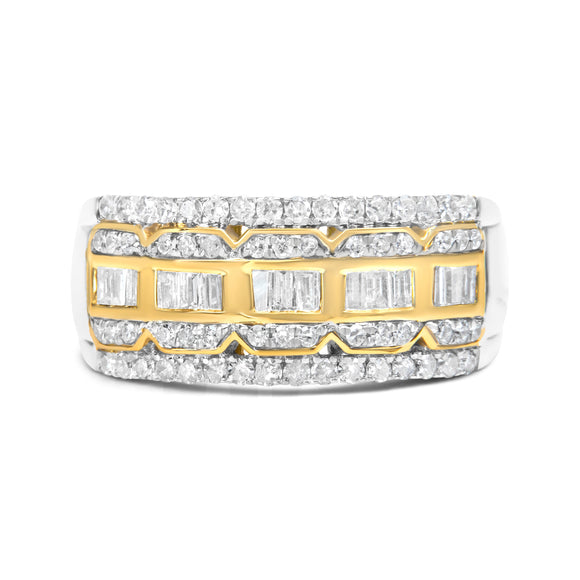 10K White and Yellow Gold 1.00 Cttw Baguette and Round cut Diamond Art Deco Multi-Row Ring Band (I-J Color, I1-I2 Clarity) - Ring Size 7