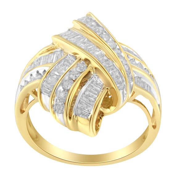 10K Yellow Gold Plated .925 Sterling Silver 1.0 Cttw Round & Baguette Diamond Knot Channel Statement Ring (I-J Color, I2-I3 Clarity) - Size 6