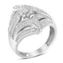.925 Sterling Silver 1-1/8 Cttw Round & Baguette Diamond 'Flower & Fern' Cluster Cocktail Fashion Ring (I-J Color, I2-I3 Clarity) - Size 6-6