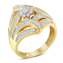 10K Yellow Gold Flashed .925 Sterling Silver 1-1/8 Cttw Round & Baguette Diamond 'Flower & Fern' Cluster Cocktail Fashion Ring (I-J Color, I2-I3 Clarity) - Size 6-6