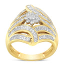10K Yellow Gold Flashed .925 Sterling Silver 1-1/8 Cttw Round & Baguette Diamond 'Flower & Fern' Cluster Cocktail Fashion Ring (I-J Color, I2-I3 Clarity) - Size 6-9