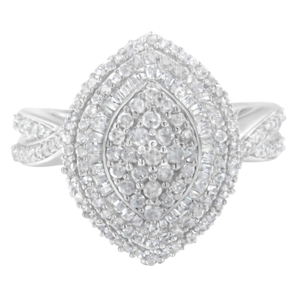 .925 Sterling Silver 1.0 Cttw Round & Baguette-Cut Diamond Marquise-Shaped Cluster Triple Stepped Halo Cocktail Fashion Ring (I-J Color, I2-I3 Clarity) - Size 7