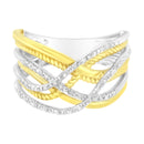 10K Yellow Gold Plated .925 Sterling Silver 1/10 Cttw Diamond Multi Row Crossover Ring Band (I-J Color, I1-I2 Clarity) - Size 7-10