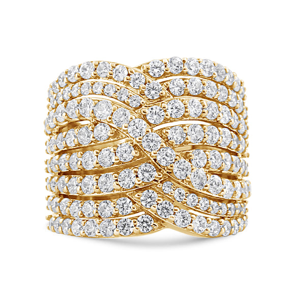 10K Yellow Gold 3.0 Cttw Diamond Eight-Row Bypass Crossover Statement Band Ring (H-I Color, I2-I3 Clarity) - Size 7