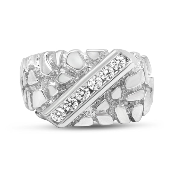 .925 Sterling Silver 1/3 Diamond 6 Stone Rectangle Nugget Gents Ring - Size 10