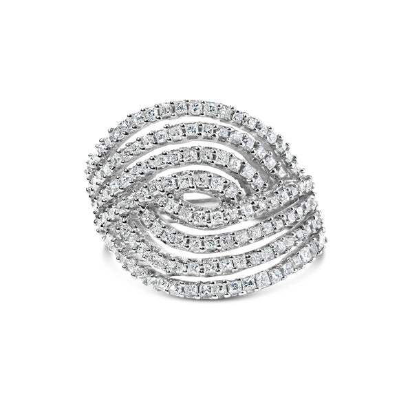 10K White Gold 1 1/2 Cttw Princess Diamond Swirl Design Cocktail Ring