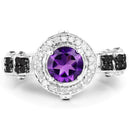 1.02 Carat Genuine Amethyst, Black Diamond & White Diamond .925 Sterling Silver Ring-3