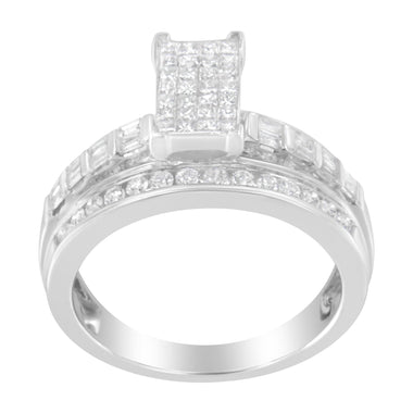 14K White Gold 1.0 Cttw Mixed-Cut Diamond Rectangle Invisible-Set Composite Cluster Ring with Bar- and Channel-Set Band (H-I Color, SI2-I1 Clarity) - Size 7 - 0