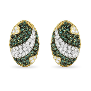 Black and White Rhodium over 14K Yellow Gold 2-1/10 Cttw White and Blue Diamond Oval Omega Back Stud Earrings (H-I and Blue Color, SI1-SI2 Clarity) - 0