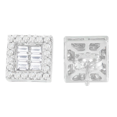 14K White Gold 1 cttw Round and Baguette Diamond Stud Earrings (H-I, SI1-SI2) - 0