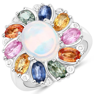 3.92 Carat Genuine Ethiopian Opal, Multi Sapphire and White Diamond .925 Sterling Silver Ring - 0