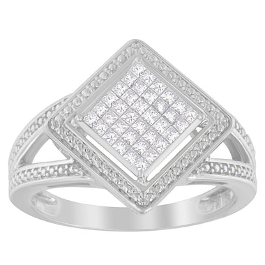 .925 Sterling Silver 1/3 Cttw Invisible Set Princess-Cut Diamond Rhombus and Beaded Halo Ring (H-I Color, SI1-SI2 Clarity) - Ring Size 7 - 0
