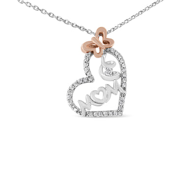 Two Tone .925 Sterling Silver 1/5 cttw Diamond "Mom" and Heart Pendant Necklace (H-I, I1-I2) - 0