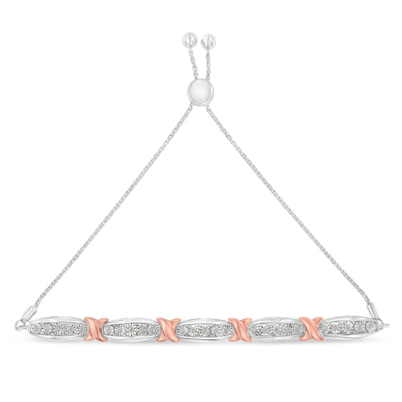 .925 Sterling Silver 1/4 Cttw Round-Cut Diamond X & Tapered Bar Miracle-Set Bolo Bracelet (I-J Color, I3 Clarity) - Two Tone Rose Gold & Silver