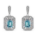 .925 Sterling Silver 7x5MM Emerald Shape Blue Topaz and Diamond Accent Art Deco Halo Style Drop and Dangle Earrings (I-J Color, I1-I2 Clarity)-2