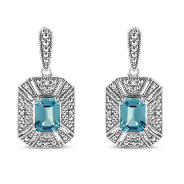 .925 Sterling Silver 7x5MM Emerald Shape Blue Topaz and Diamond Accent Art Deco Halo Style Drop and Dangle Earrings (I-J Color, I1-I2 Clarity) - 0