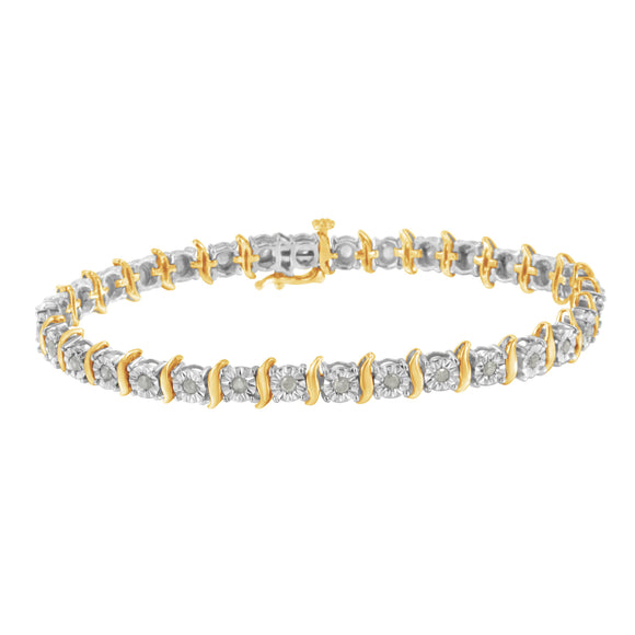 Two-Tone 10K Yellow Gold over .925 Sterling Silver 1.0 Cttw Diamond S-Curve Link Miracle-Set Tennis Bracelet (I-J Color, I3 Clarity) - 7"
