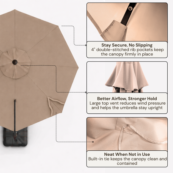11 ft Cantilever Umbrella Replacement Canopy Supported Bar 8 Ribs Taupe