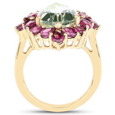 14K Yellow Gold Plated 7.21 Carat Genuine Green Amethyst and Rhodolite .925 Sterling Silver Ring - 0