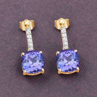 5.64 Carat Genuine Tanzanite and White Diamond 14K Yellow Gold Earrings - 0