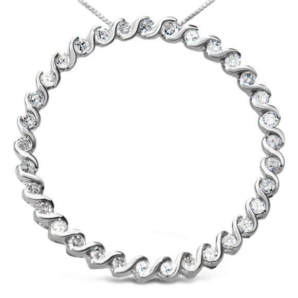 .925 Sterling Silver 3/4 Cttw Round Diamond Spiral Curved Circle Pendant 18" Necklace (I-J Color, I3 Clarity)