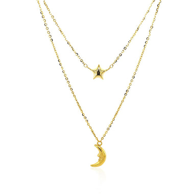 14k Yellow Gold Double-Strand Chain Necklace with Puff Moon and Star - 0