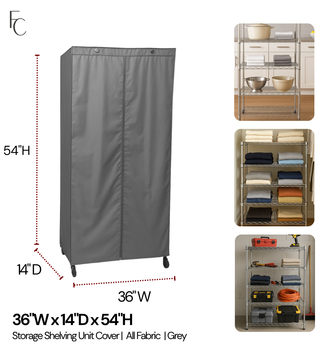 Storage Shelving Unit Cover, fits racks 36"W x 14"D x 54"H in Grey - 0