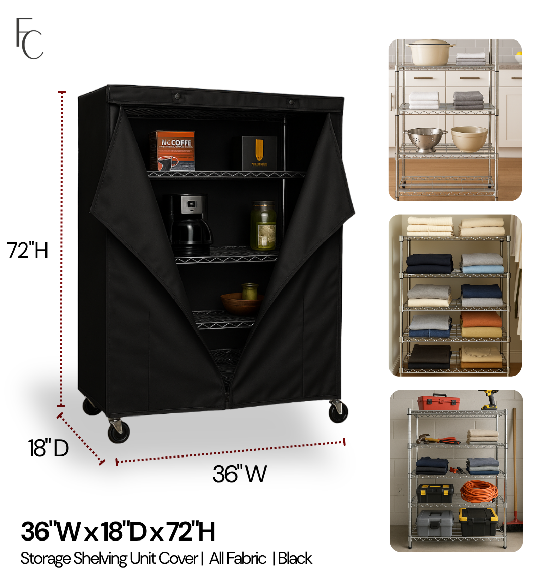 Storage Shelving Unit Cover, fits racks 36"W x 18"D x 72"H in Black - 0