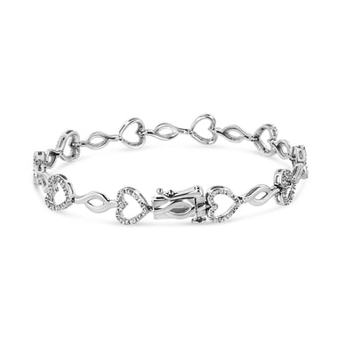 .925 Sterling Silver 1/4 Cttw Round-Cut Diamond Alternating Heart and Leaf Link Bracelet (I-J Color, I3 Clarity) - Size 7.25" - 0