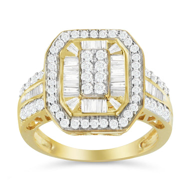 10K Yellow Gold 1.0 Cttw Diamond Vintage Inspired Baguette-Cut Double Halo Emerald-Shaped Frame Cocktail Ring (I-J Color, I1-I2 Clarity) - Size 6-1/2