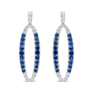 18K White Gold 1.11 Cttw Blue Round Diamond and Blue Sapphire Openwork Oval Shaped Dangle Earrings (F-G Color, VS1-VS2 Clarity)