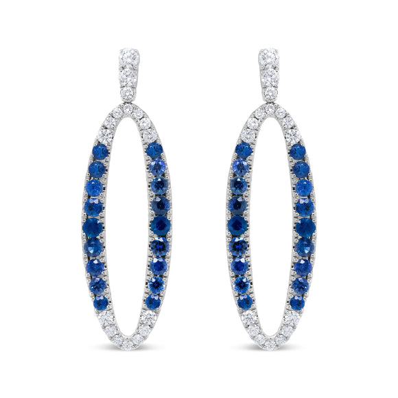 18K White Gold 1.11 Cttw Blue Round Diamond and Blue Sapphire Openwork Oval Shaped Dangle Earrings (F-G Color, VS1-VS2 Clarity)
