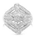 .925 Sterling Silver 1-1/8 Cttw Round & Baguette Diamond 'Flower & Fern' Cluster Cocktail Fashion Ring (I-J Color, I2-I3 Clarity) - Size 6-3