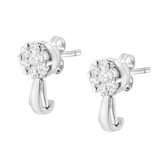 14K White Gold 3/4 Cttw Diamond Floral Cluster Drop and Dangle Stud Earrings (H-I Color, I1-I2 Clarity)