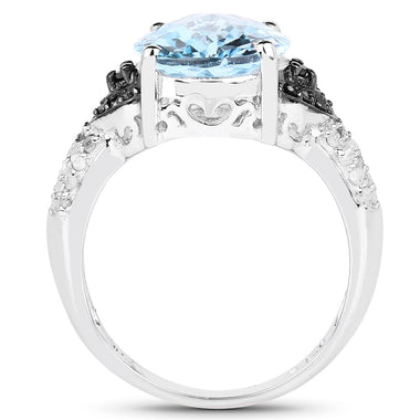 5.37 Carat Genuine Swiss Blue Topaz, Black Diamond & White Topaz .925 Sterling Silver Ring - 0