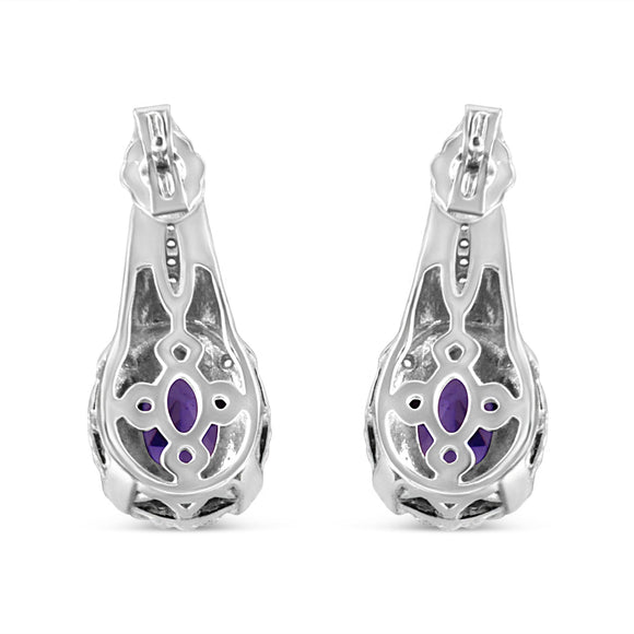 .925 Sterling Silver 8x6 MM Natural Oval Purple Amethyst Gemstone and Diamond Accent Art Deco Style Drop and Dangle Earrings (I-J Color, I1-I2 Clarity)