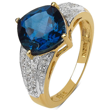 18K Yellow Gold Plated 3.83 Carat Genuine London Blue Topaz & White Topaz .925 Sterling Silver Ring - 0