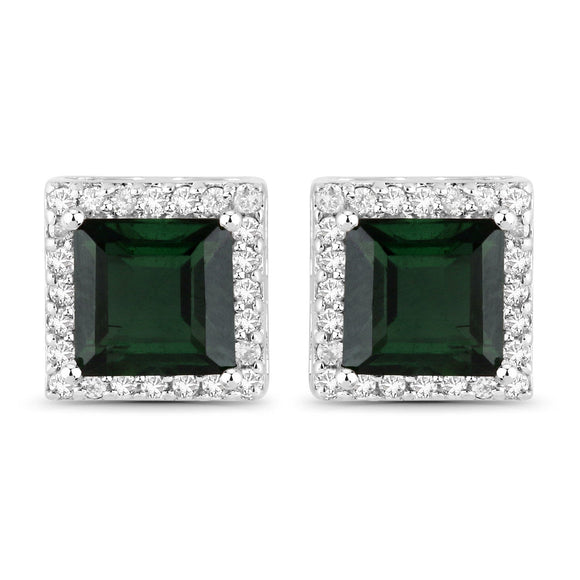 1.55 Carat Genuine Green Tourmaline and White Diamond 14K White Gold Earrings