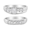 14K White Gold 1 1/2 Cttw 5 Stone Princess Diamond Engagement Wedding Ring Set (H-I Color, SI2-I1 Clarity) - Ring Size 7-1