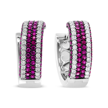 18K White Gold 1 7/8 Cttw Diamond and 1mm Round Red Ruby Open Swish Hoop Earrings (F-G Color, VS1-VS2 Clarity) - 0