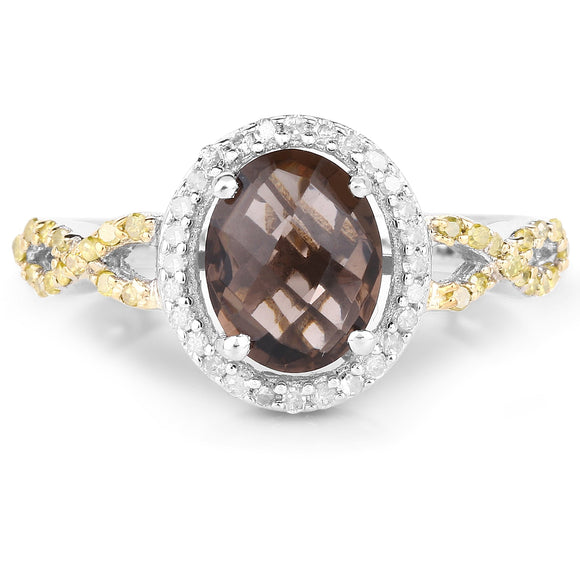 1.90 Carat Genuine Smoky Quartz, Yellow Diamond & White Diamond .925 Sterling Silver Ring