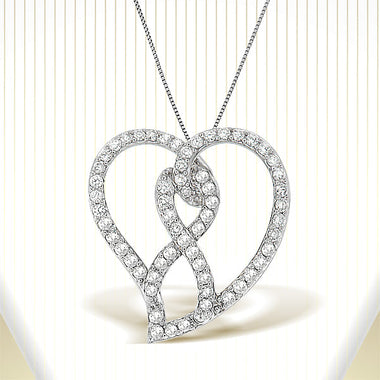 14K White Gold 1.0 Cttw White Diamond Awareness Ribbon & Open Heart 18" Pendant Necklace (H-I Color, I1-I2 Clarity) - White Diamond Ribbon