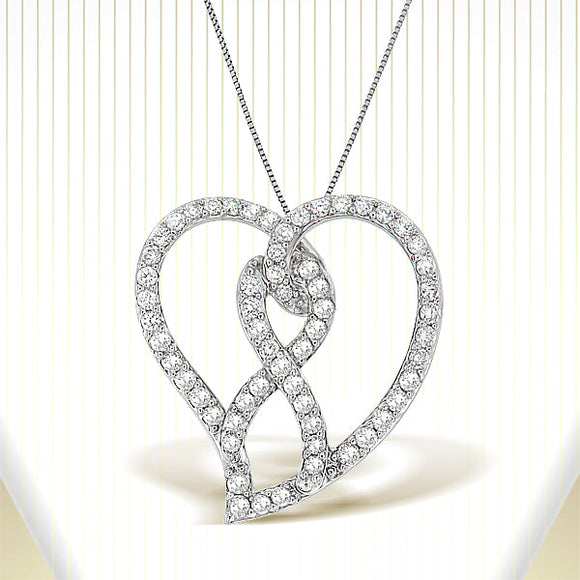 14K White Gold 1.0 Cttw White Diamond Awareness Ribbon & Open Heart 18" Pendant Necklace (H-I Color, I1-I2 Clarity) - White Diamond Ribbon