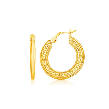 14k Yellow Gold Greek Key Medium Hoop Earrings with Flat Sides - 0